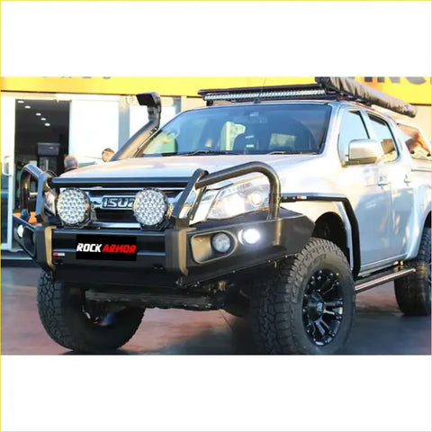 Black rockarmor steel front bumper with circular led lights and rugged offroad design for 4wd ute Isuzu dmax