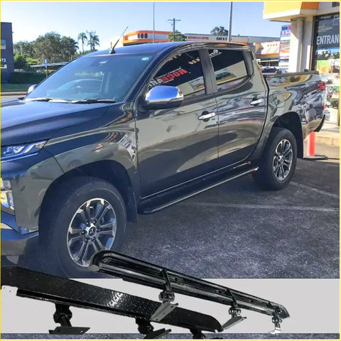 Black diamond plate steel rockslider side step with chrome accents and brackets for mitsubishi triton 4wd ute offroad