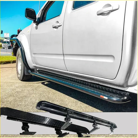 Black diamond steel rockarmor side step with chrome accents and mounting hardware for nissan navara d40 4wd ute offroad