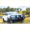 Black rockarmor steel front bumper with integrated circular lights and rugged design for 4wd ute offroad use