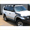 White toyota land cruiser 70 series 4wd with black roof rack and snorkel featuring rockarmor steel rockslider side steps
