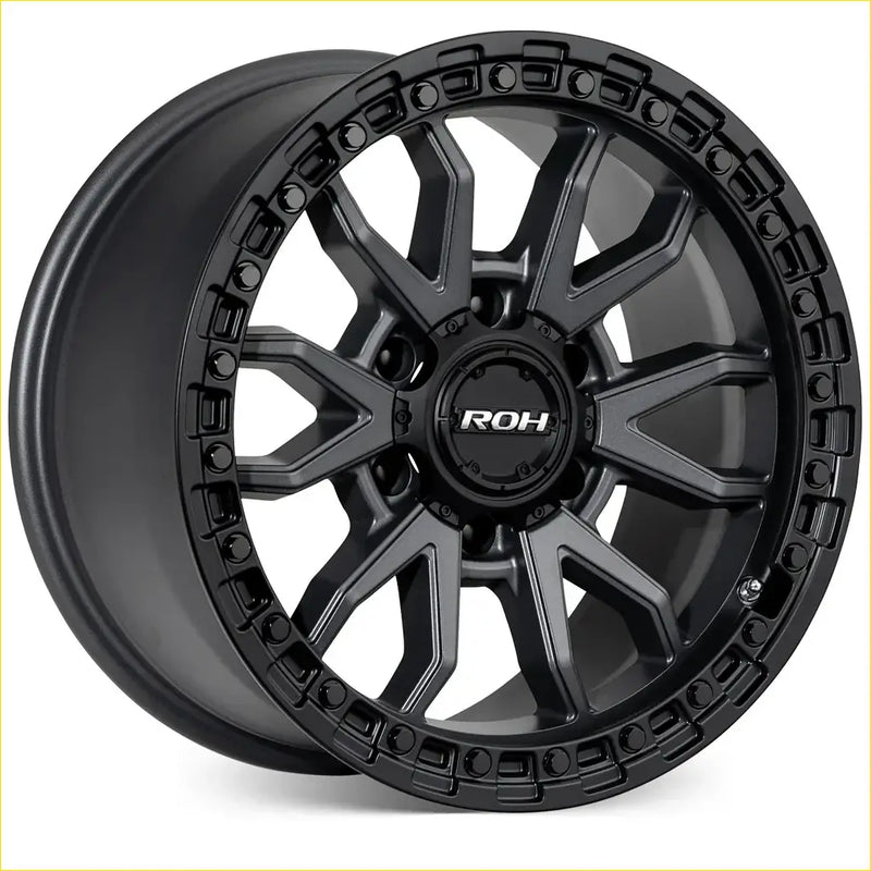 Black matte-finished roh raid matt gunmetal alloy wheel with rugged multi-spoke design and black lip 17x9 6x139.7 25 offset