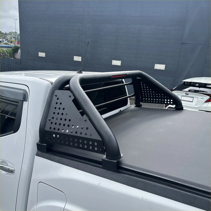 Black perforated metal roll bar with curved bars and integrated side panels for nissan navara np300 2015-2020