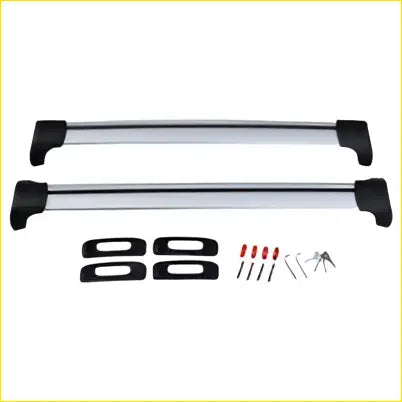 Silver aluminum roof rack cross bar with black end caps and mounting hardware for mazda 3 2009-2012 sedan and hatch