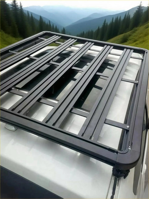 Black metal heavy duty roof rack with grid design mounted on the back of a white ford ranger 2022+