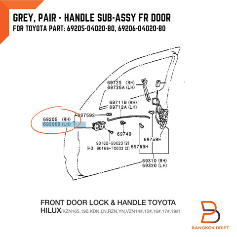 Toyota Hilux Grey Inner Front Door Handle Pair (1997-2004)