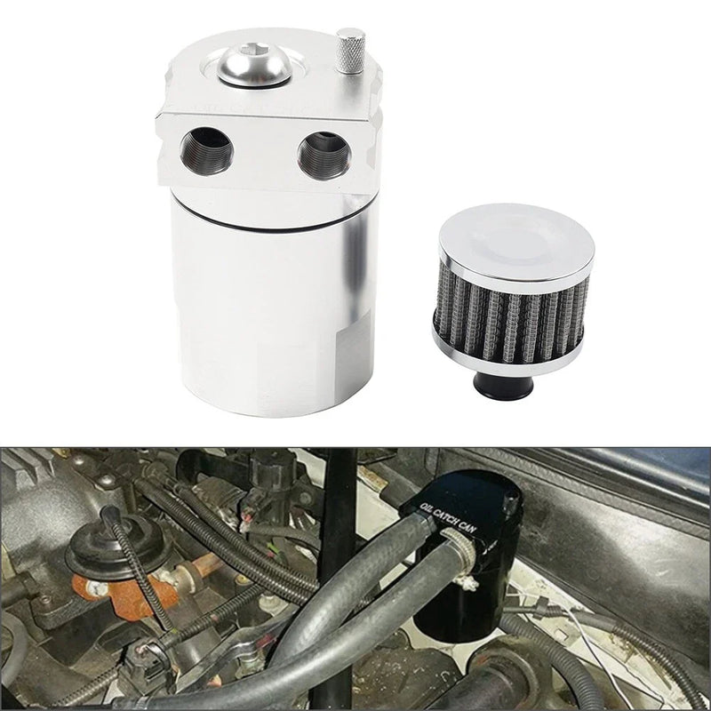 Universal 300ml Silver Baffled Engine Oil Catch Can Tank w/ Breather Filter