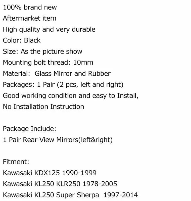 Kawasaki KL250 KL600 KL650 10mm Rearview Side Mirrors (1990-2007)