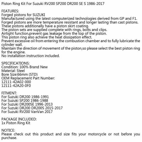 Suzuki DR200 DF200 Piston Ring Kit 66mm (2000-2002)