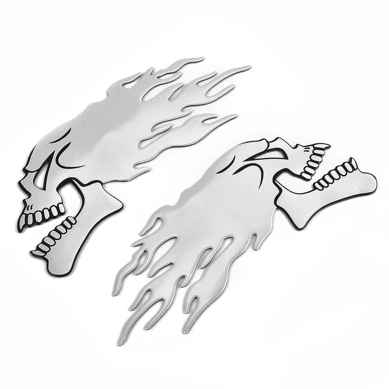 Motorbike-Motorcycle Silver 2 x Flaming Skull 3D Gel Sticker Decal L+R