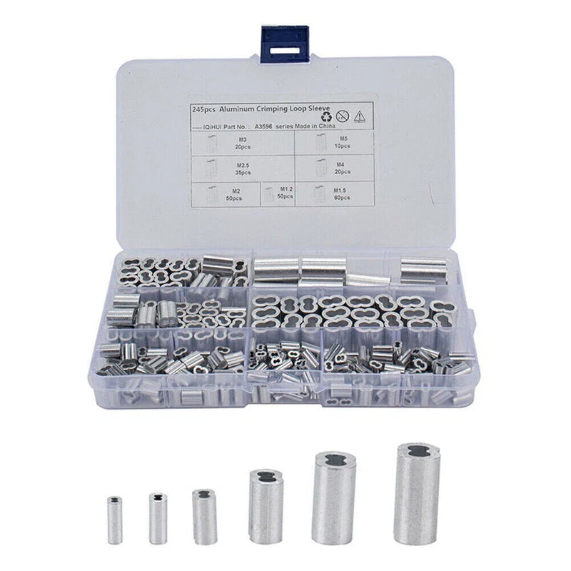 Wire Rope & Cable Line End Kit 7 Size Double Barrel Crimping Loop 245Pcs