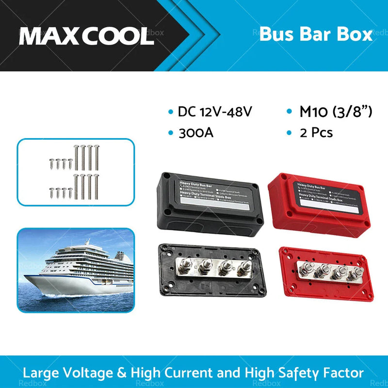 Heavy Duty 300A M10 DC12V-48V Stud Bus Bar Power Distribution Box Terminal Block