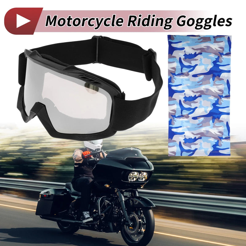 Motorcycle Riding Silver Tone Lens Black Frame TPU Goggles
