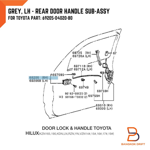 Toyota Hilux Ute LH Grey Inner Rear Door Handle (1997-2004)