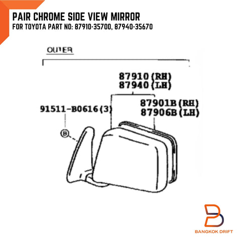 Toyota Hilux Ute Tiger D4D Chrome Manual Side Mirrors (1997-2004)