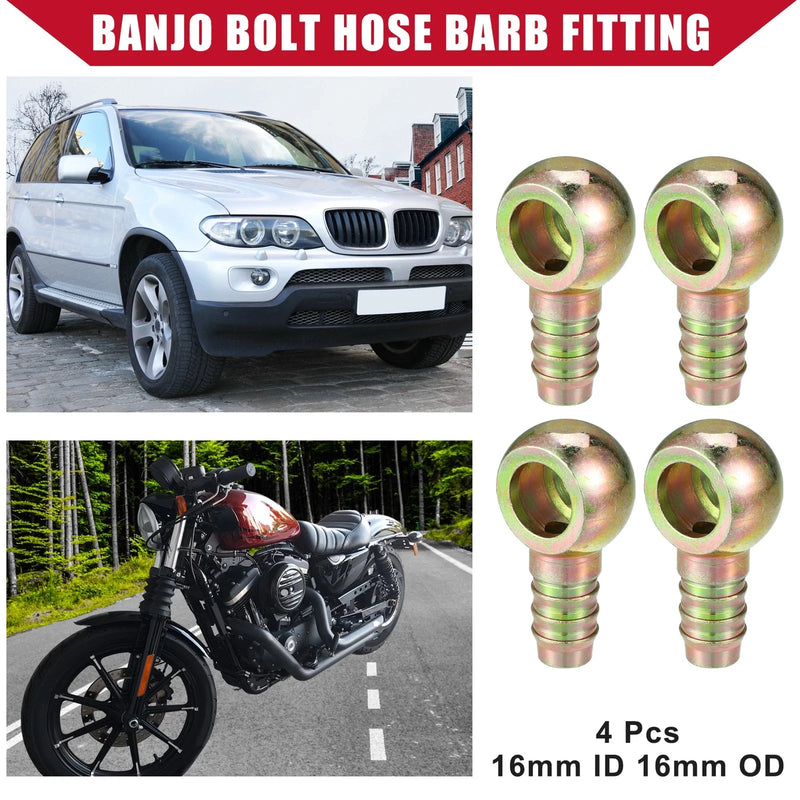 Car Motorcycle Metal 4 x Banjo Bolt Hose Barb Fitting 16mm ID 16mm OD