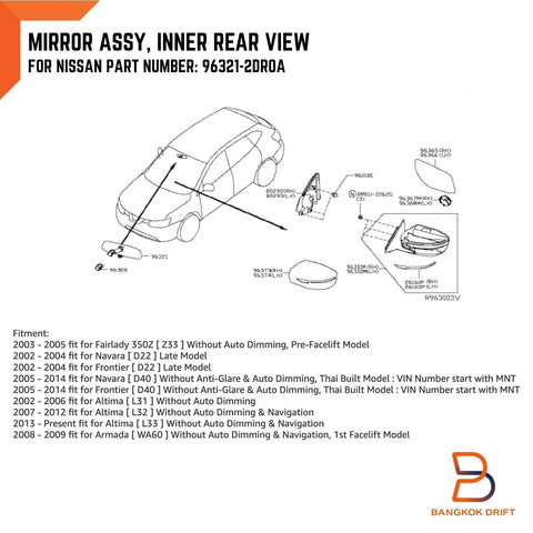 Nissan Navara D40 Black Interior Rear View Mirror (2005-2015)