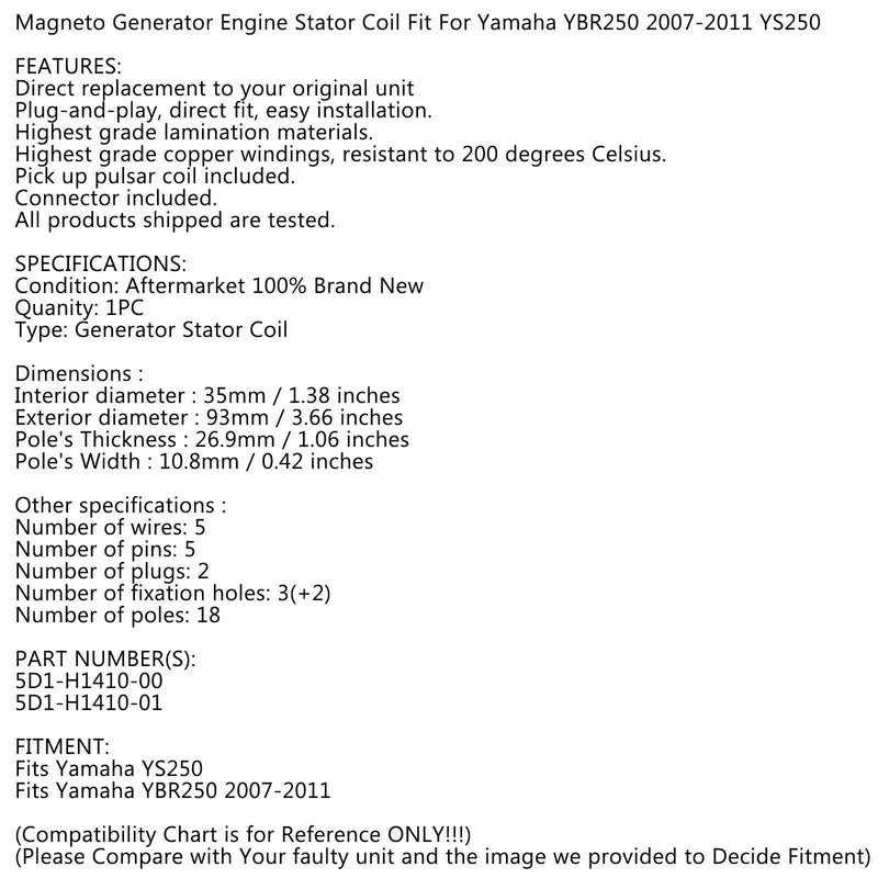 Yamaha YS250 YBR250 Stator (2007-2011)
