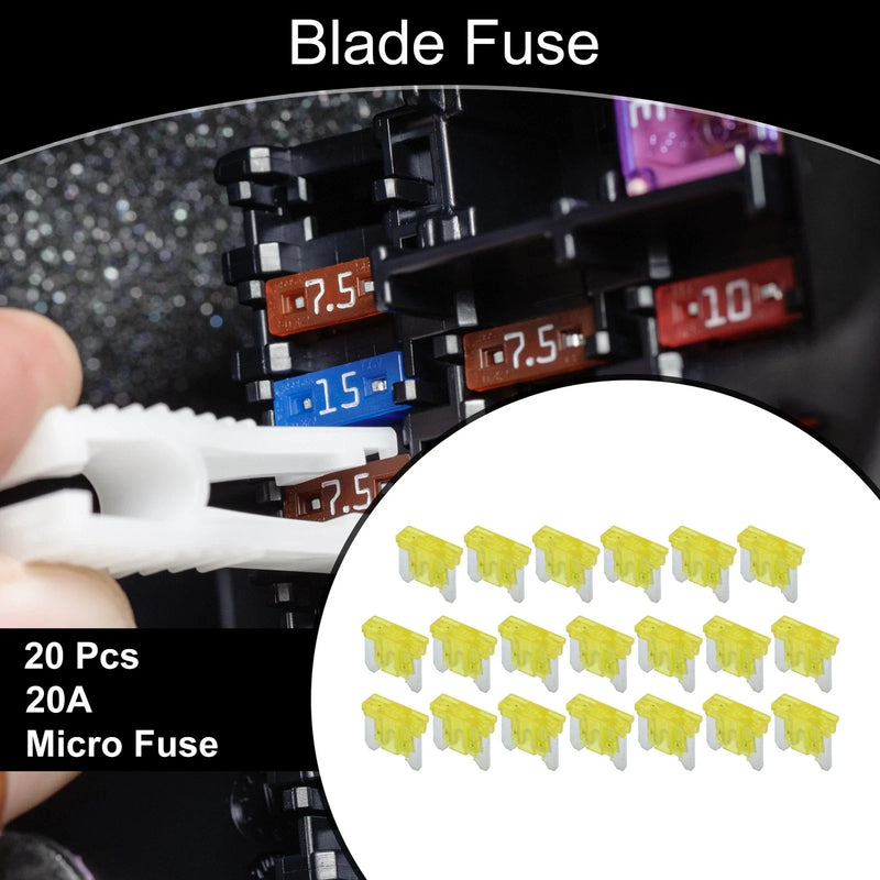 Car Boat Truck RV Motorcycle Yellow 20 Pcs Micro Fuse 20A Blade Fuse