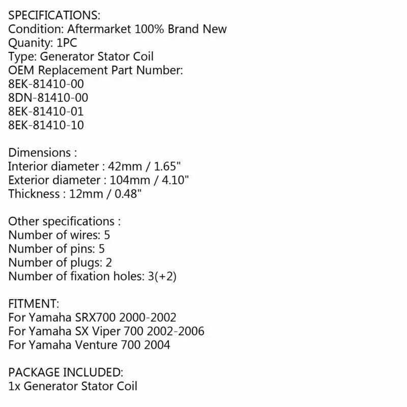 Yamaha SRX 700, Venture 700, SX Viper 700 Generator Stator (2000-2006)