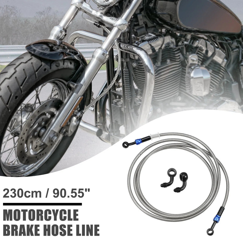 Motorcycle Brake Hose 90 Degree Braided Line 230cm Silver Tone