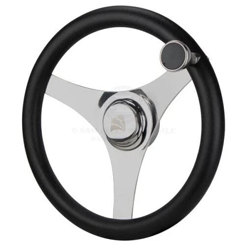 Boat Steering Wheel 340mm Diameter, Stainless Spokes, Poly Grip & Knob
