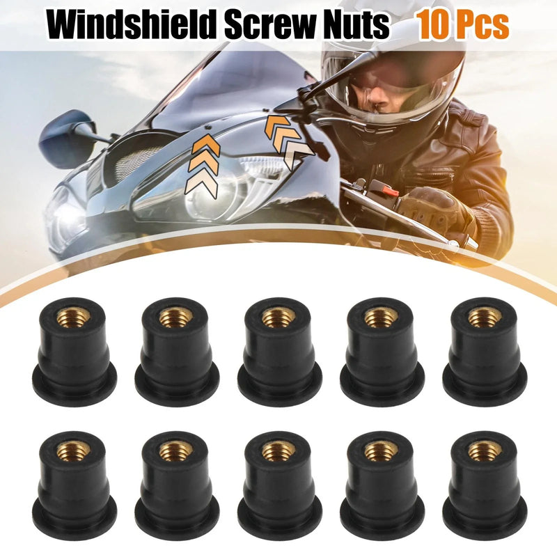 Motorcycle 10pcs M6 Convex Black Rubber Windshield Screws Bolts Nut
