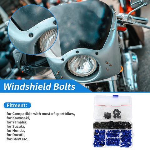 Kawasaki Yamaha Suzuki 2 x Windshield Bolts Stainless Steel Rubber Blue