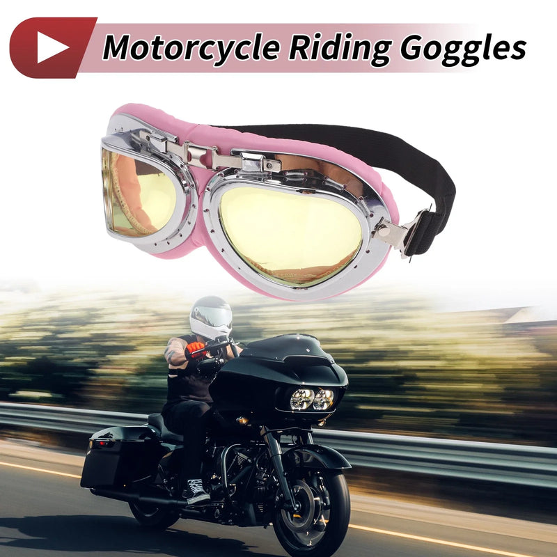 Bike 1 Pc Motorcycle Goggles Yellow Lens Pink Silver Tone Frame PU Sponge