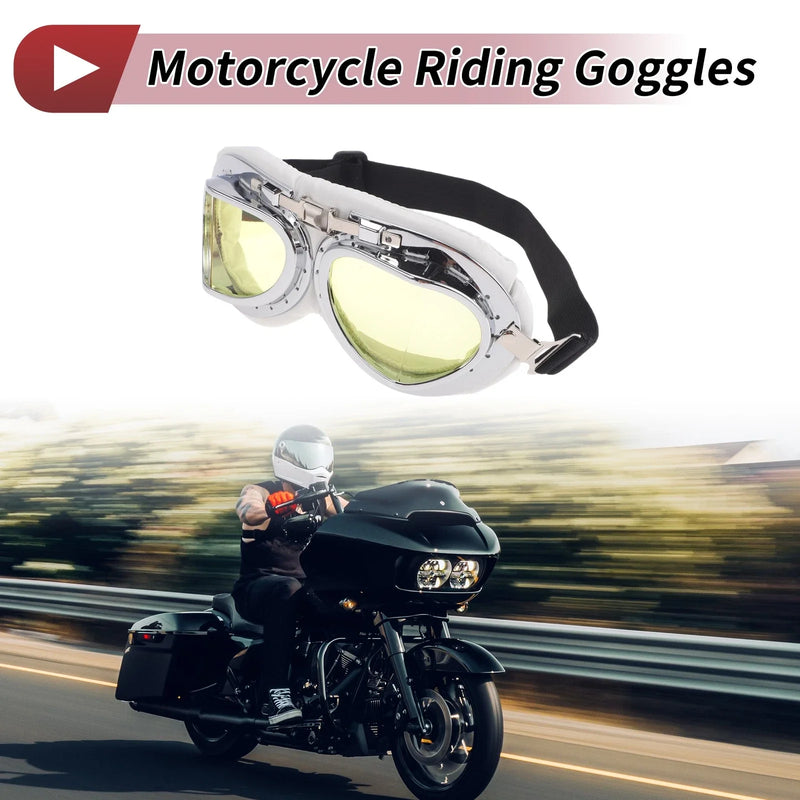 1 Pc Motorcycle Riding Goggles Yellow Lens White Silver Tone Frame PC PU Sponge