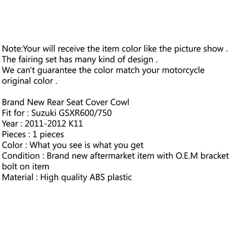Suzuki GSXR600 / 750 Rear Seat Cover (2011-2024)