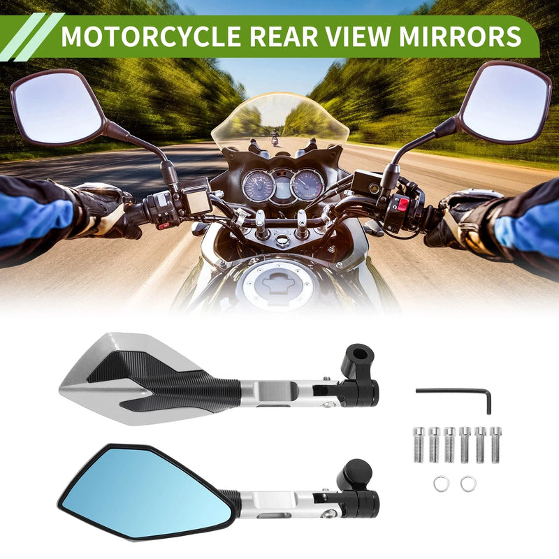 M8 / M10 Motorcycle 2 x Rear View Mirrors Polygonal Shape Silver Tone Aluminum Alloy