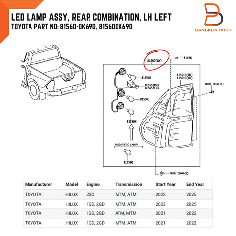 Toyota Hilux Ute Revo M70 M80 Left LH LED Tail Light (2015-2023)