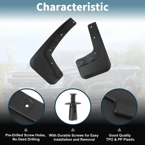 Ford Ranger 2024-2025 Splash Guards, No-Drill Installation Mud Flaps Kit