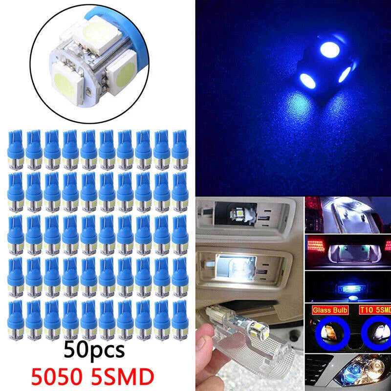 Universal 50PC Blue T10 Wedge 5050 5SMD LED Dome Map License Light Bulbs