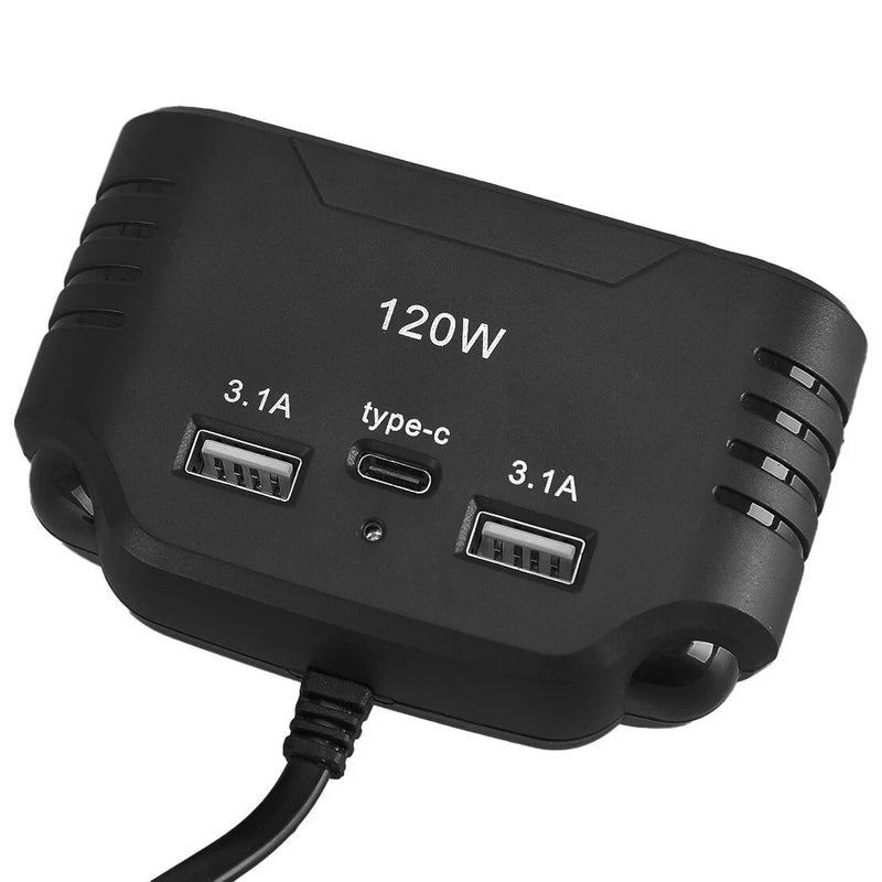 3-Way 120W Car Cigarette Lighter Socket Splitter Dual USB Charger Adapter
