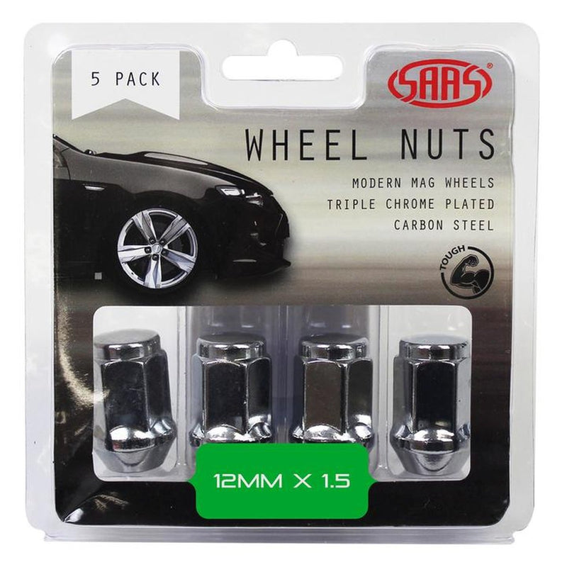 Saas Wheel Nuts Flat Head Bulge M12x1.50 Chrome 35mm (5