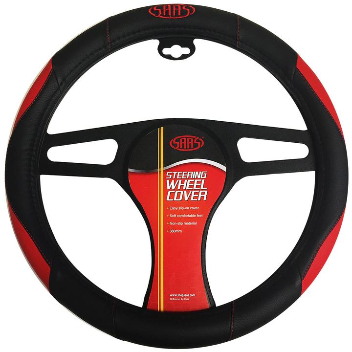 Saas Steering Wheel Cover - Black-Red Poly With Logo