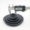 Black rubber grommet with circular ridges and hole measured by caliper for shift knob boot on datsun nissan 620 series