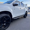 White isuzu d-max 2021-current with black steel side step running board and black alloy wheels pickup truck view