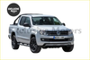 Silver volkswagen amarok double cabin with black wheels and side steps showing side window deflectors installed