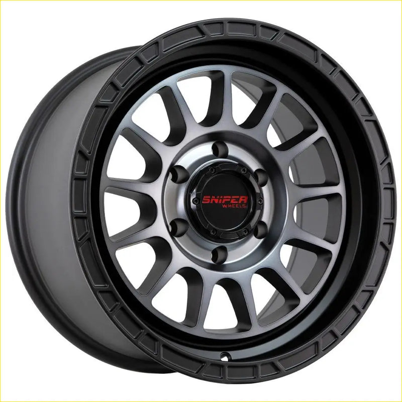Black and silver two-tone sniper ballistic grey tint alloy wheel with rugged multi-spoke design 17x9 6x139.7 15 offset