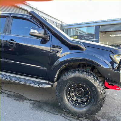 Black matte stainless steel snorkel roof rack mounted on ford ranger px2 px3 2016-2021 seen from backside