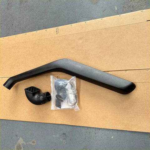 Black plastic snorkel tube with fittings and mounting hardware for mazda bt-50 2006-2011 shown from the back side