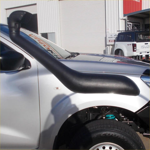 Black rubber snorkel mounted on the side of a silver nissan np300 pickup truck 2015-2020 model