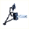 Back side of a black metal chain attached to a black bracket with silver latch for a mitsubishi triton spare tire carrier