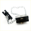 Black metal door chain lock with silver links and rectangular lock on spare wheel carrier for toyota hilux double cab