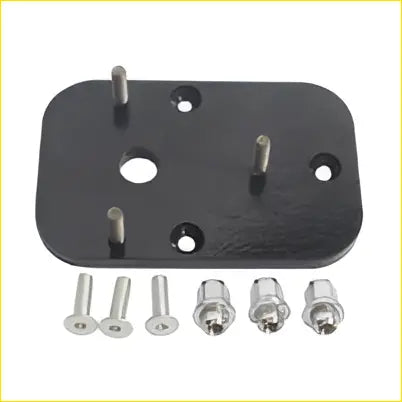 Black rectangular metal mounting plate with four silver screws and six bolts for mitsubishi pajero spare wheel lift kit