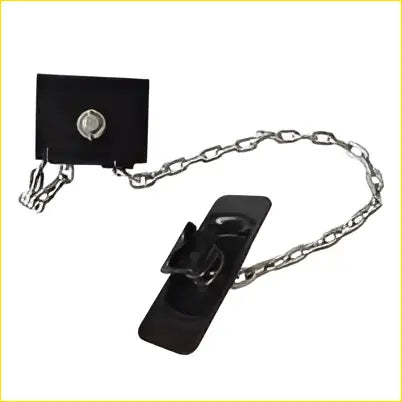 Black metal spring trap with silver chain and circular plate for spare wheel tire winch winder assembly on caravans