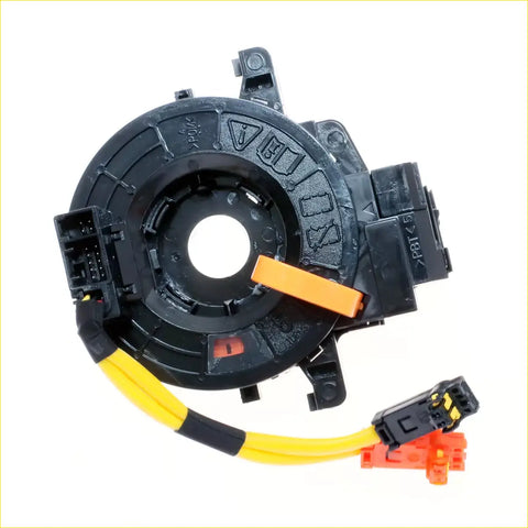 Black plastic airbag tensioner with yellow and black wiring and orange connectors for toyota hilux kun26 clock spring back side